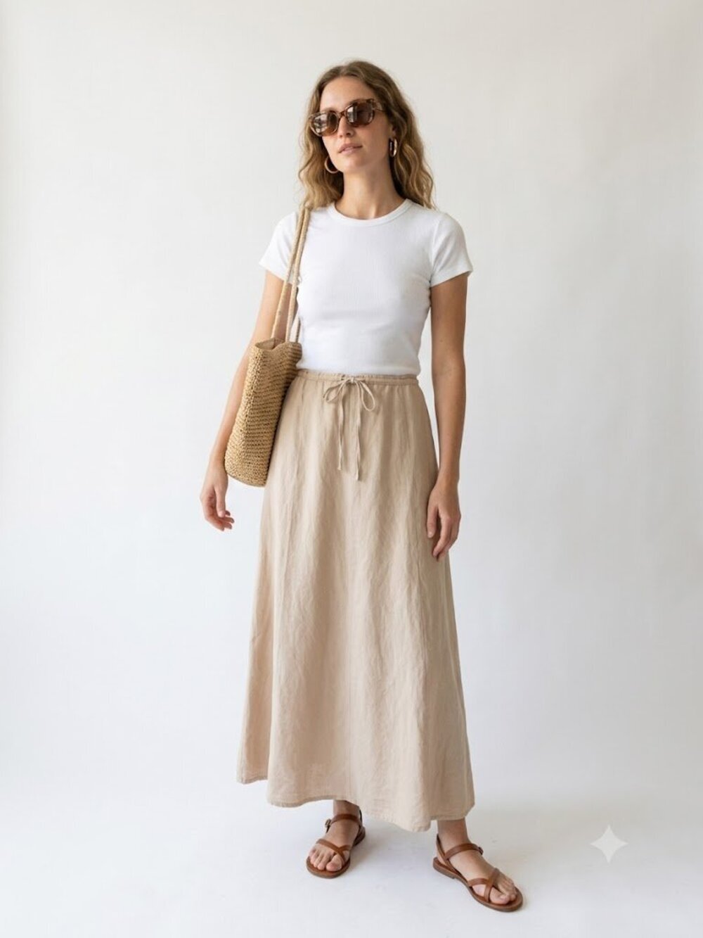New York & Company Linen Rayon Drawstring Midi Skirt Neutral Oatmeal Size 10